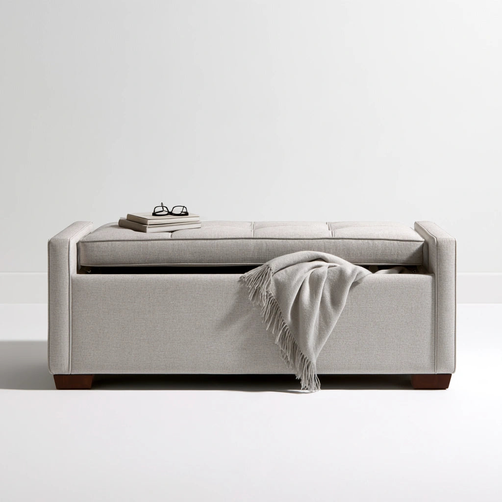 Banc avec rangement aux lignes épurées, coloris gris clair